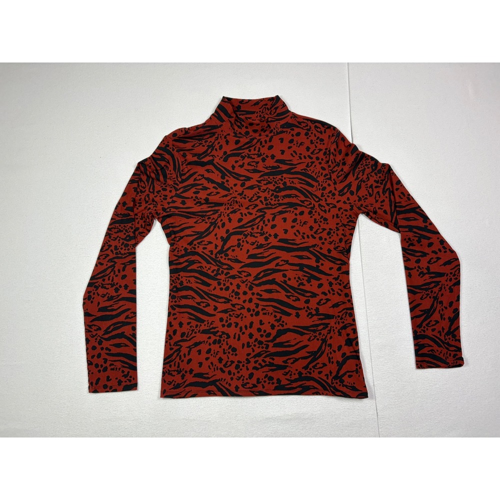 No Boundaries Womens XL Rust Red Black Animal Print Mock Neck Ribbed Top R20